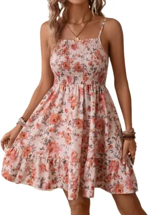 Dresses for Women 2024 Sleeveless Floral Print Ruffle Hem Cami Dress Fashion Mini Short Dress