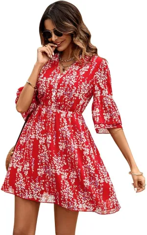 Dresses for Women Summer Casual V Neck Ruffle Print High Waist Flowy Mini A-line Dress