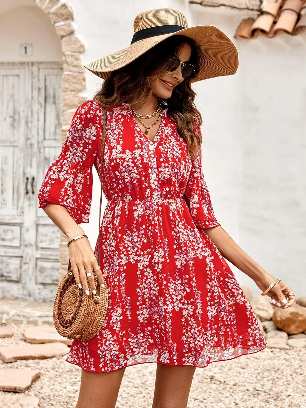 Dresses for Women Summer Casual V Neck Ruffle Print High Waist Flowy Mini A-line Dress
