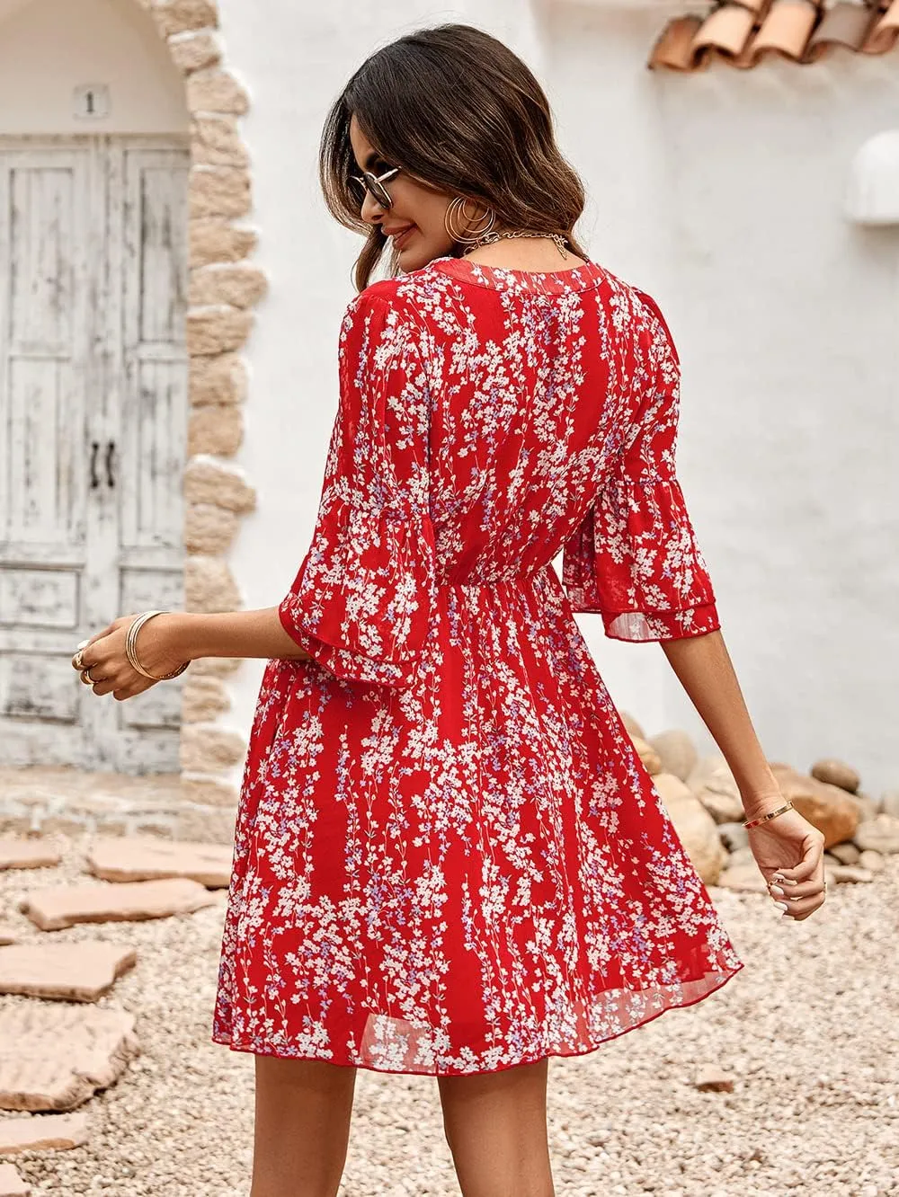 Dresses for Women Summer Casual V Neck Ruffle Print High Waist Flowy Mini A-line Dress