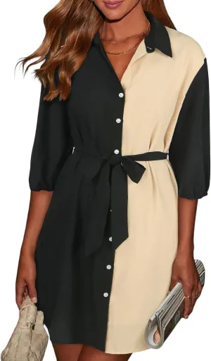 ECOWISH Womens Button Shirt Dress with Pockets Fall Spring Short Mini Dresses Long Sleeve 3/4 Sleeve Long Tunics Blouse Belt