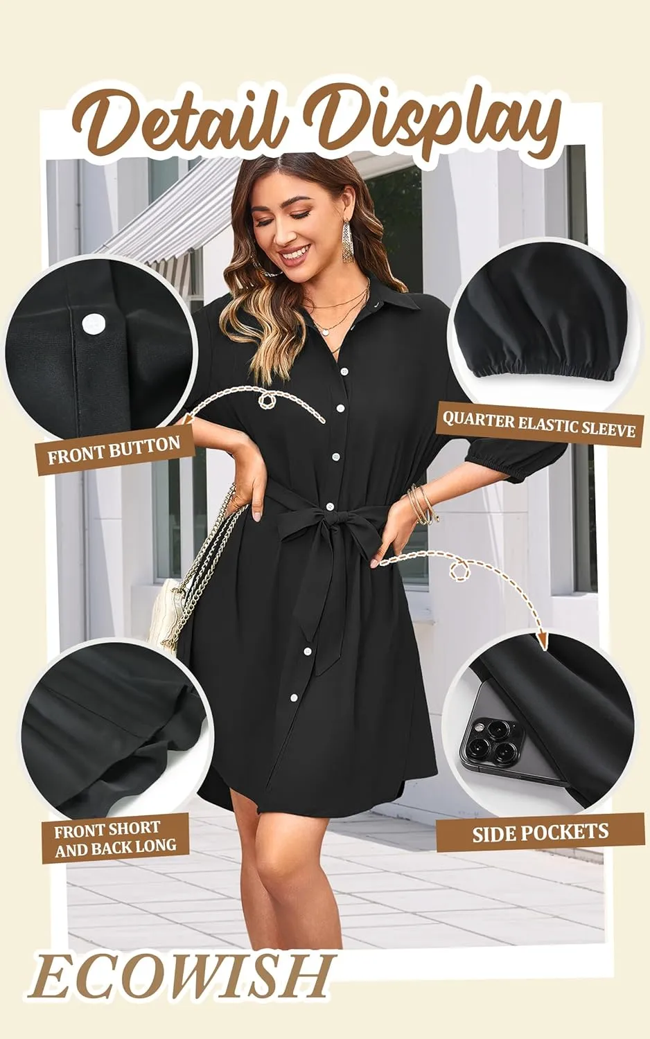 ECOWISH Womens Button Shirt Dress with Pockets Fall Spring Short Mini Dresses Long Sleeve 3/4 Sleeve Long Tunics Blouse Belt