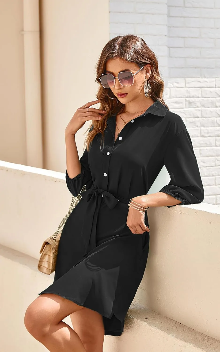 ECOWISH Womens Button Shirt Dress with Pockets Fall Spring Short Mini Dresses Long Sleeve 3/4 Sleeve Long Tunics Blouse Belt