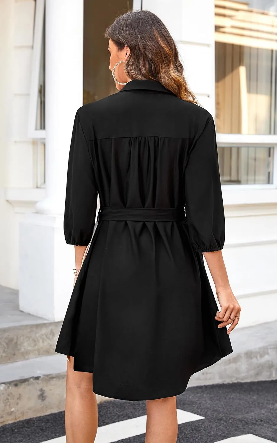 ECOWISH Womens Button Shirt Dress with Pockets Fall Spring Short Mini Dresses Long Sleeve 3/4 Sleeve Long Tunics Blouse Belt