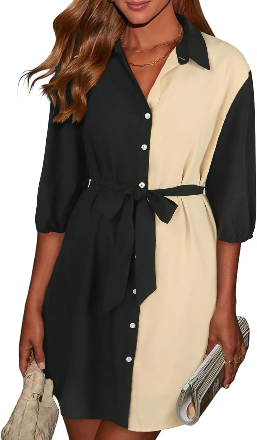 ECOWISH Womens Button Shirt Dress with Pockets Fall Spring Short Mini Dresses Long Sleeve 3/4 Sleeve Long Tunics Blouse Belt