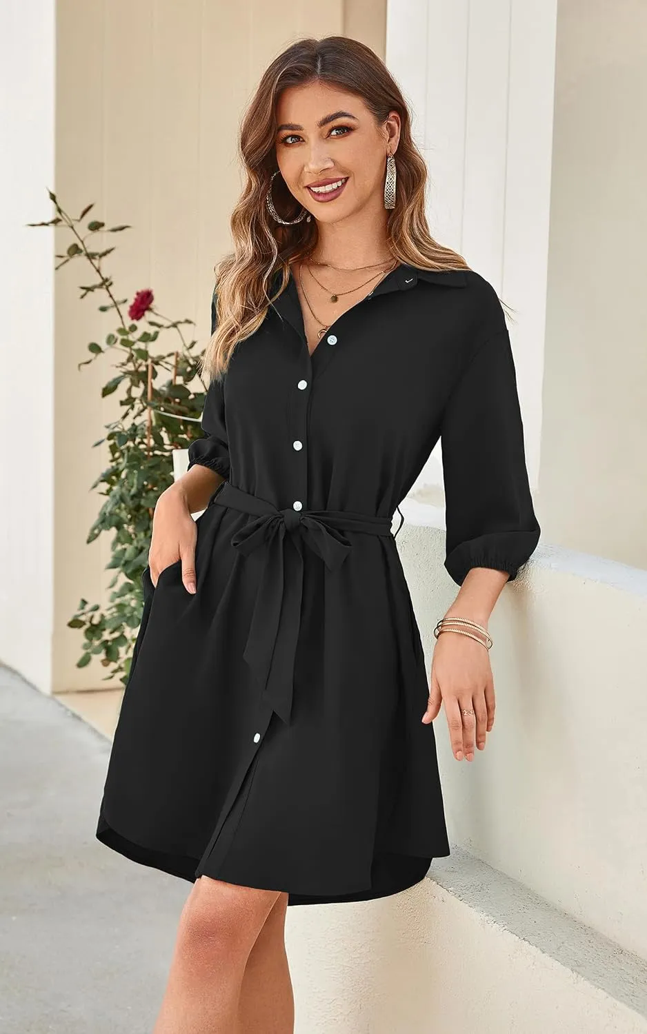 ECOWISH Womens Button Shirt Dress with Pockets Fall Spring Short Mini Dresses Long Sleeve 3/4 Sleeve Long Tunics Blouse Belt