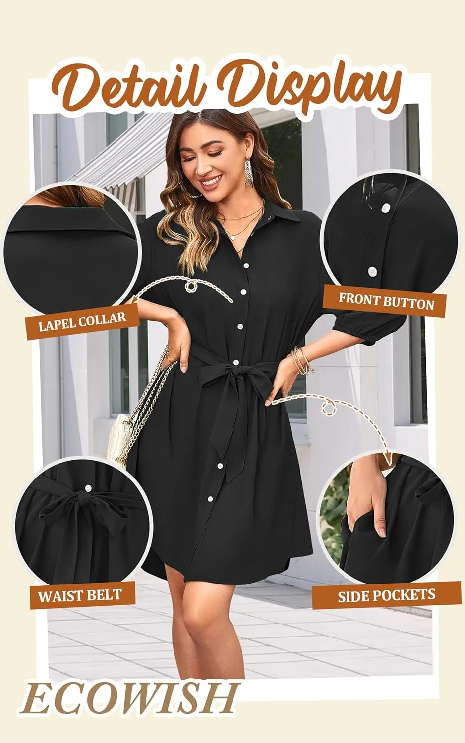ECOWISH Womens Button Shirt Dress with Pockets Fall Spring Short Mini Dresses Long Sleeve 3/4 Sleeve Long Tunics Blouse Belt