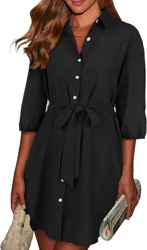ECOWISH Womens Button Shirt Dress with Pockets Fall Spring Short Mini Dresses Long Sleeve 3/4 Sleeve Long Tunics Blouse Belt
