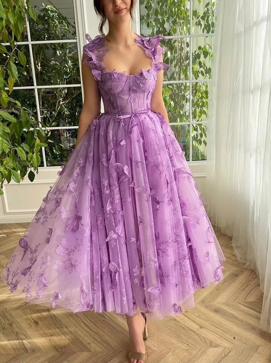 Eightale Tulle Tea Length Prom Dress Butterfly 3D Lace Appliques for Women Formal Party Dress