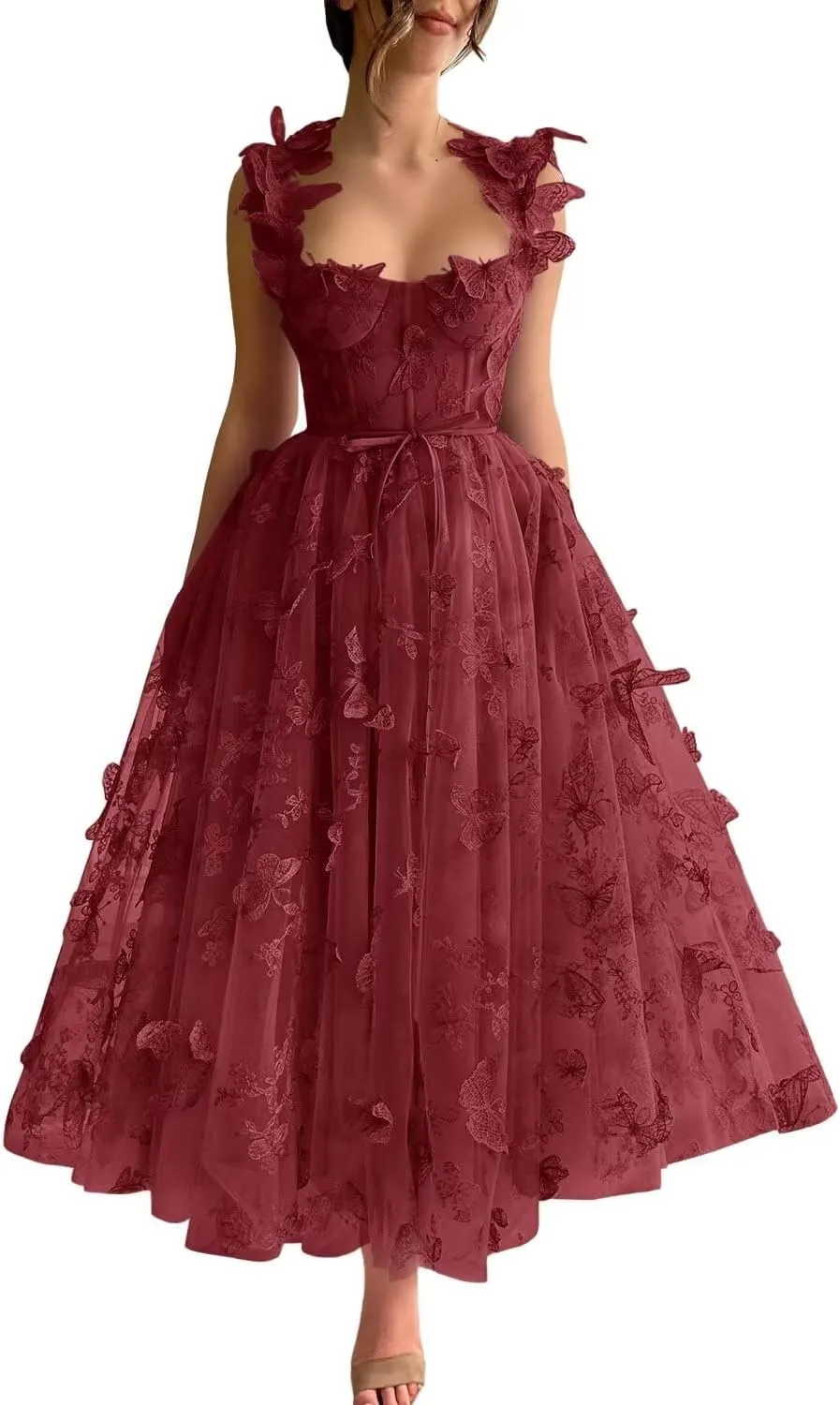 Eightale Tulle Tea Length Prom Dress Butterfly 3D Lace Appliques for Women Formal Party Dress