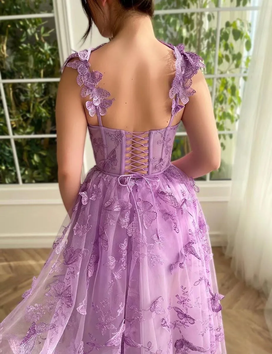 Eightale Tulle Tea Length Prom Dress Butterfly 3D Lace Appliques for Women Formal Party Dress