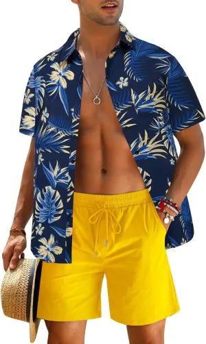 EISHOPEER Men's Flower Shirt Hawaiian Sets Casual Button Down Short Sleeve Shirt and Solid Quick Dry Beach Shorts S-3XL