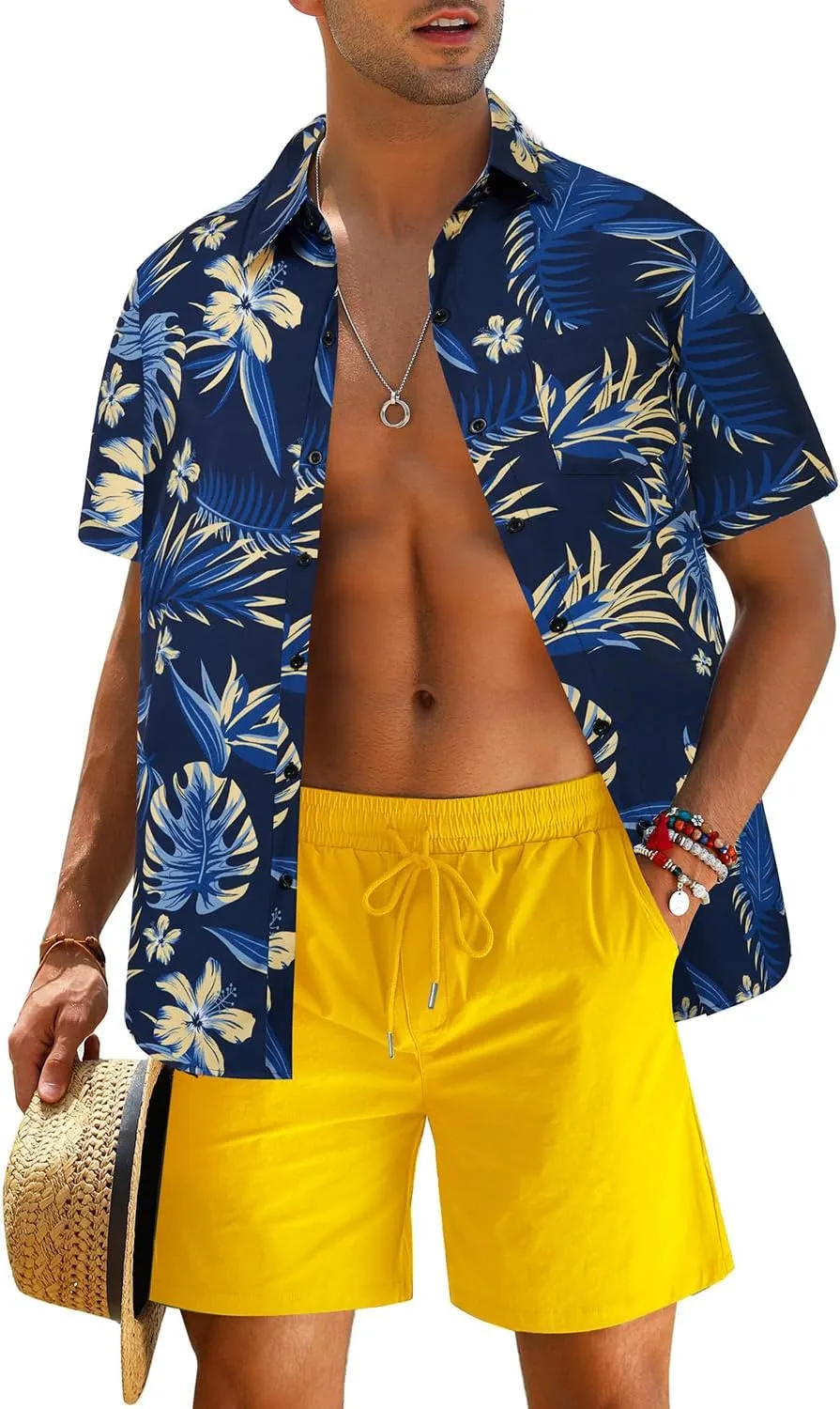 EISHOPEER Men's Flower Shirt Hawaiian Sets Casual Button Down Short Sleeve Shirt and Solid Quick Dry Beach Shorts S-3XL