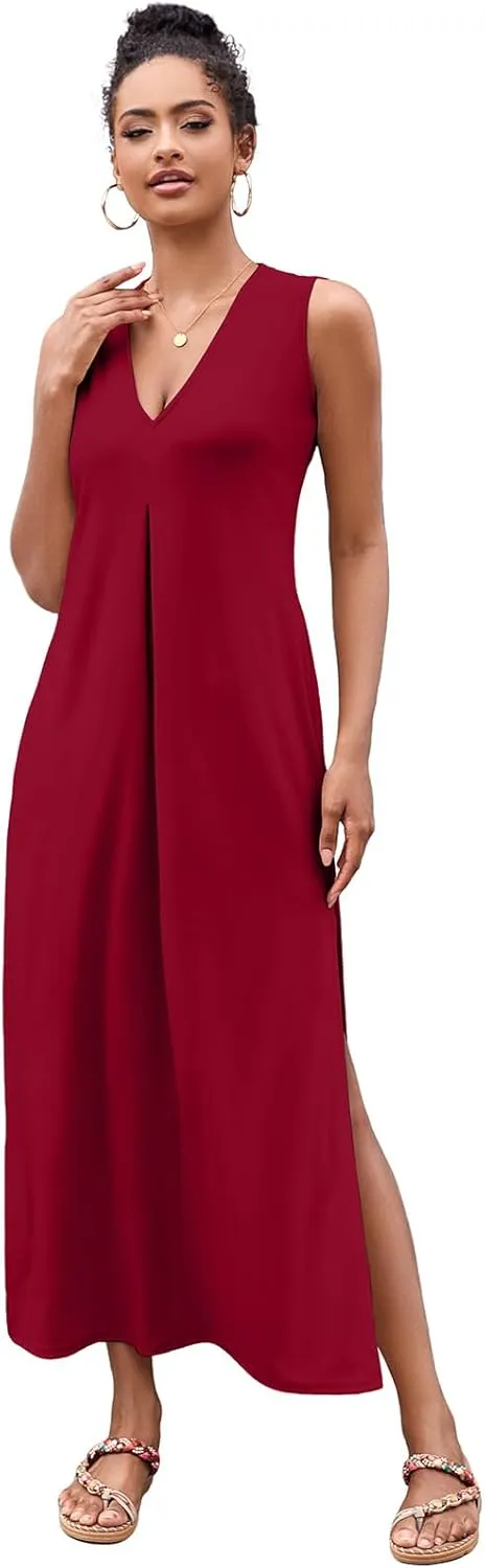 Ekaliy Women Summer Casual Sleeveless Sundress V-Neck Floral Party Maxi Long Beach Dress Vacation Outfits