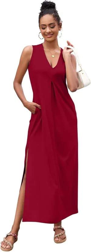 Ekaliy Women Summer Casual Sleeveless Sundress V-Neck Floral Party Maxi Long Beach Dress Vacation Outfits