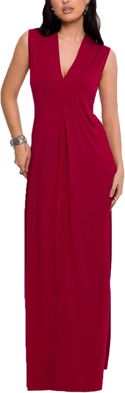 Ekaliy Women Summer Casual Sleeveless Sundress V-Neck Floral Party Maxi Long Beach Dress Vacation Outfits