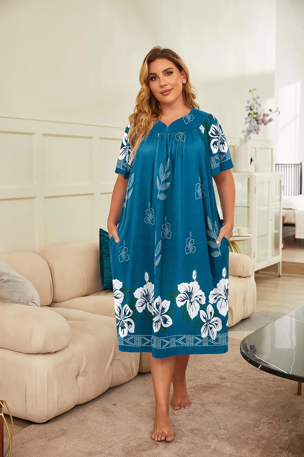 Ekouaer Plus Women's Plus Size Mumu Dress Short Sleeve House Dress Momo Sleepdress with Pockets