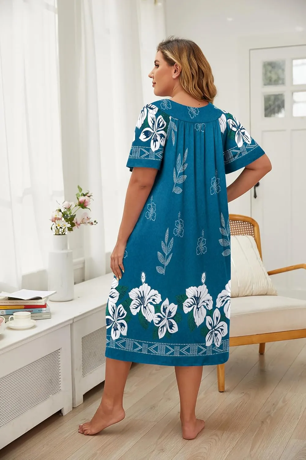 Ekouaer Plus Women's Plus Size Mumu Dress Short Sleeve House Dress Momo Sleepdress with Pockets