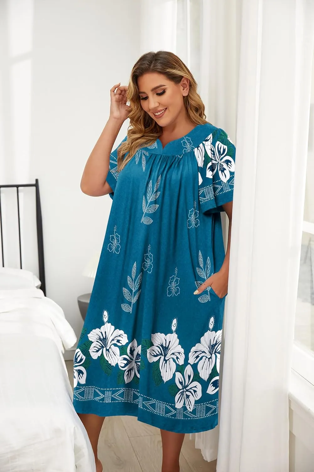 Ekouaer Plus Women's Plus Size Mumu Dress Short Sleeve House Dress Momo Sleepdress with Pockets
