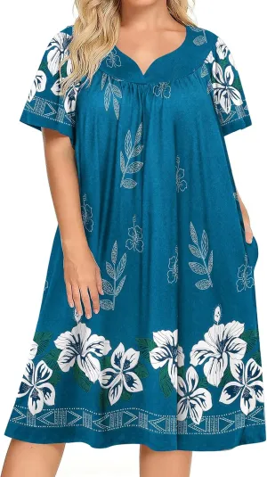 Ekouaer Plus Women's Plus Size Mumu Dress Short Sleeve House Dress Momo Sleepdress with Pockets