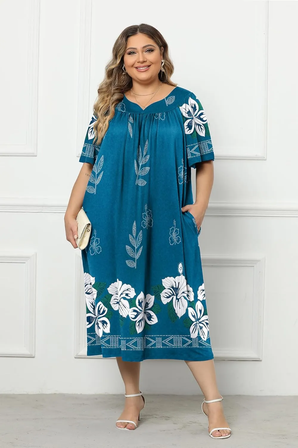 Ekouaer Plus Women's Plus Size Mumu Dress Short Sleeve House Dress Momo Sleepdress with Pockets