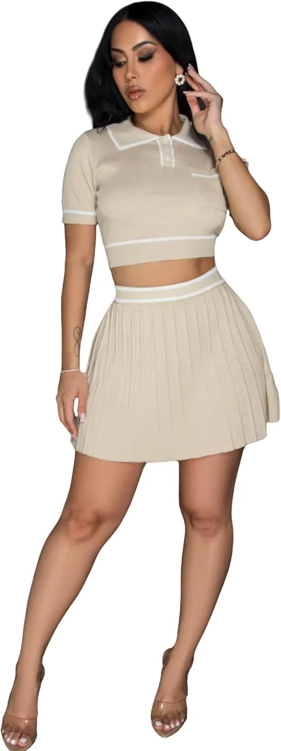 Elegant and Fashionable Knitted Skirt Set, Women's Sexy Two-Piece Set with Exposed Navel top and Pleated mini Dress Set
