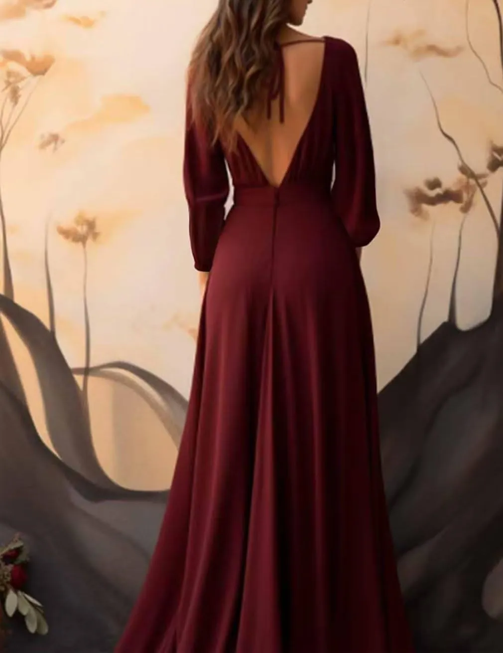 Elegant Chiffon Maxi Bridesmaid Dress with High Slit Long Sleeves Prom Dress A Line Ruched Party Gown BS22