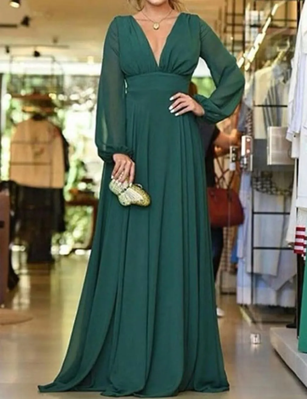 Elegant Chiffon Maxi Bridesmaid Dress with High Slit Long Sleeves Prom Dress A Line Ruched Party Gown BS22