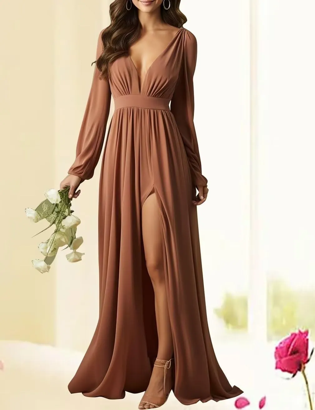Elegant Chiffon Maxi Bridesmaid Dress with High Slit Long Sleeves Prom Dress A Line Ruched Party Gown BS22