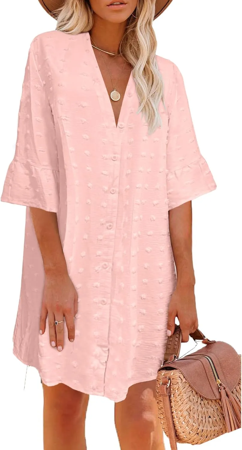 ELESOL Women's Swimsuit Coverup Button Down Beach Cover Ups Shirt Dress Summer Casual Oversized Vacation Swimwear