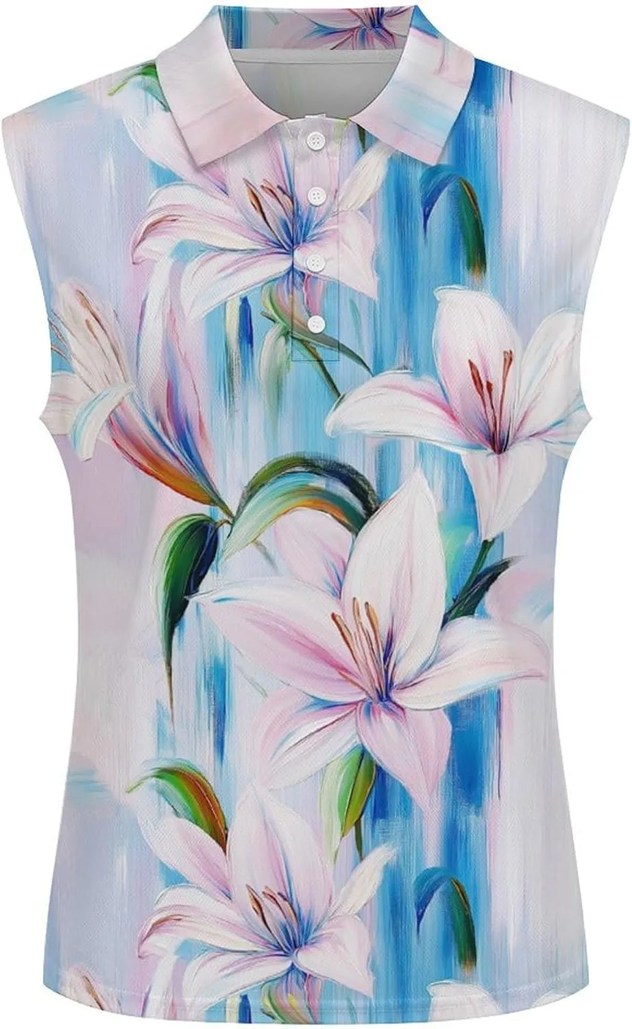 ENLACHIC Women's Golf Shirts Sleeveless Floral Printed Collar V Neck Tank Tops Quick Dry Athletic Tennis Polo Shirt