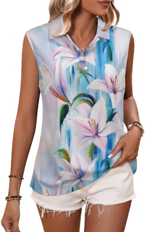 ENLACHIC Women's Golf Shirts Sleeveless Floral Printed Collar V Neck Tank Tops Quick Dry Athletic Tennis Polo Shirt