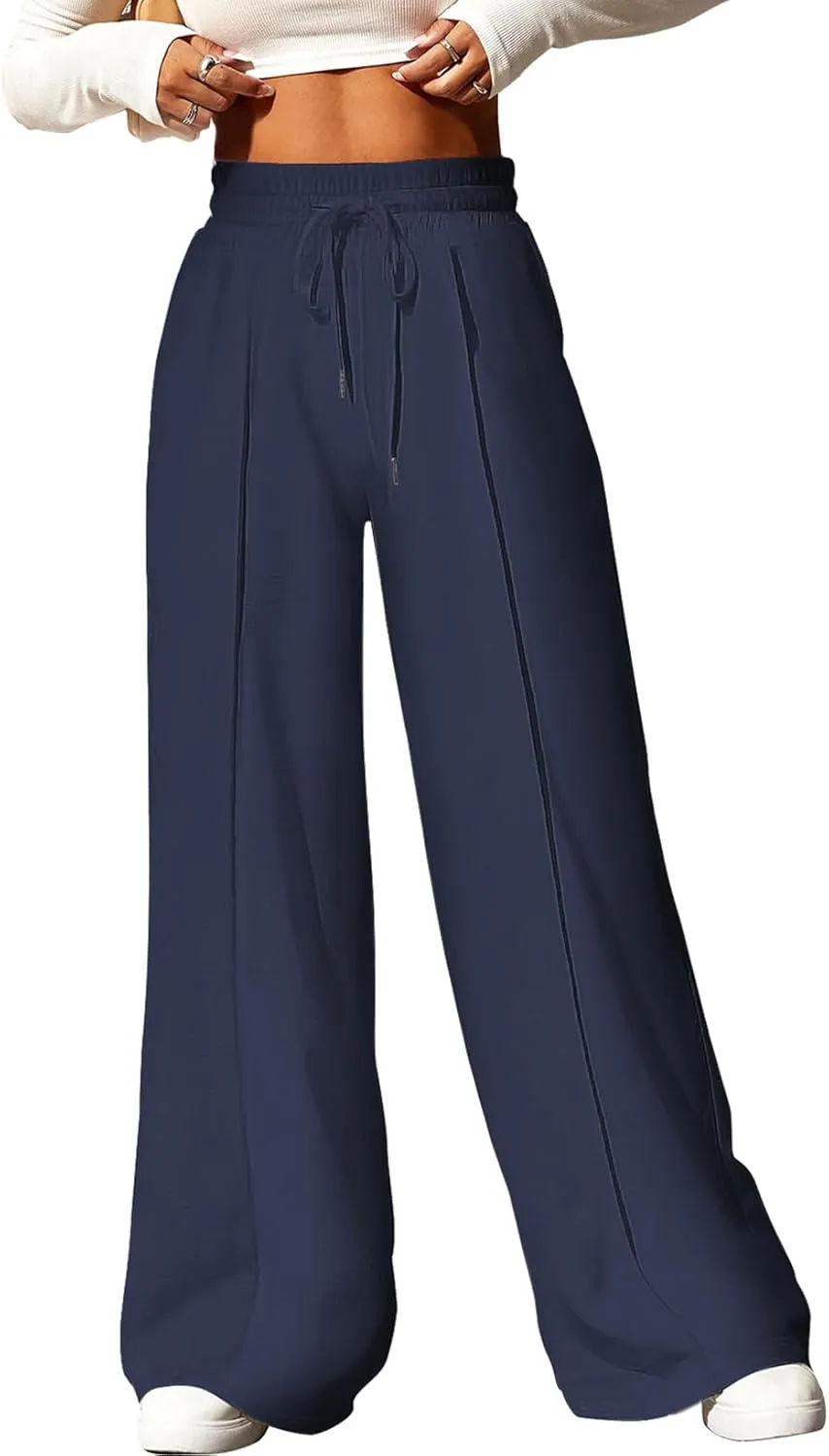 EVALESS Womens High Waisted Baggy Drawstring Sweatpants Casual Wide Leg Pants Long Trouser Slacks with Pockets