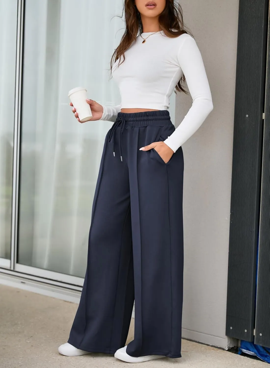 EVALESS Womens High Waisted Baggy Drawstring Sweatpants Casual Wide Leg Pants Long Trouser Slacks with Pockets