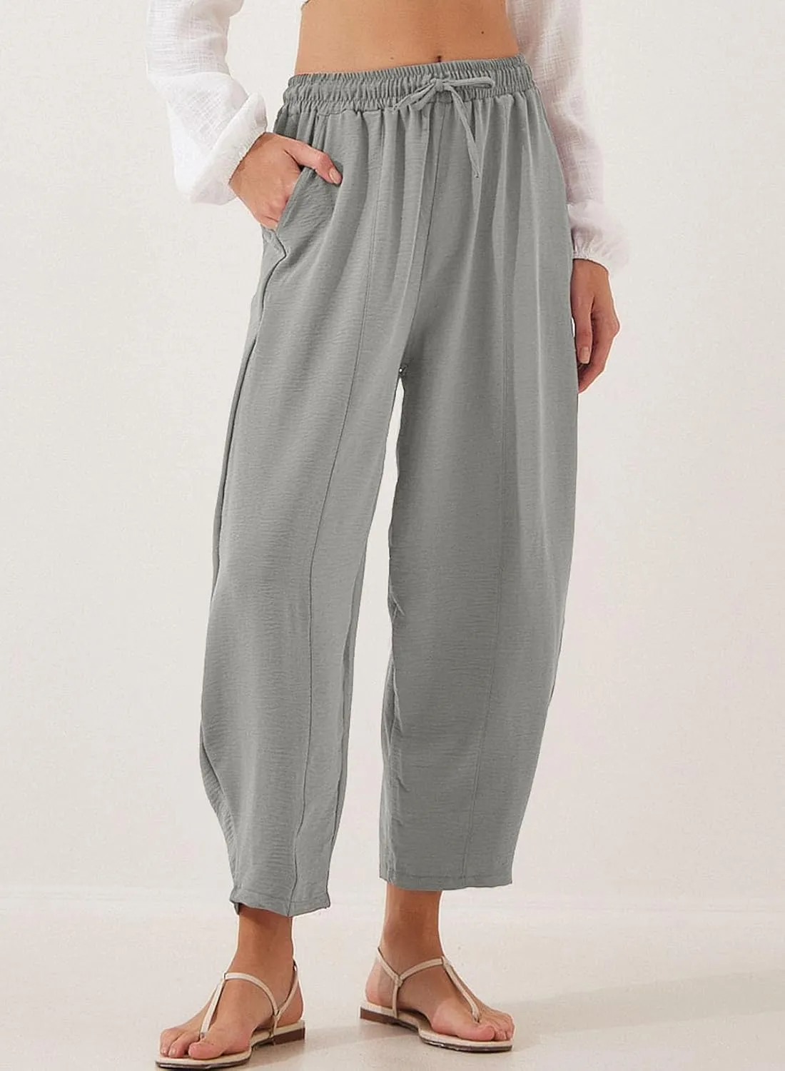 EVALESS Women's Summer High Waisted Baggy Pants Casual Ankle Length Trouser Slacks with Pockets