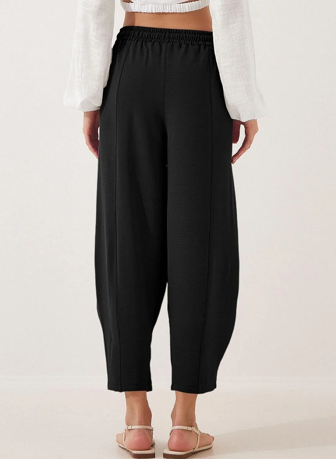 EVALESS Women's Summer High Waisted Baggy Pants Casual Ankle Length Trouser Slacks with Pockets