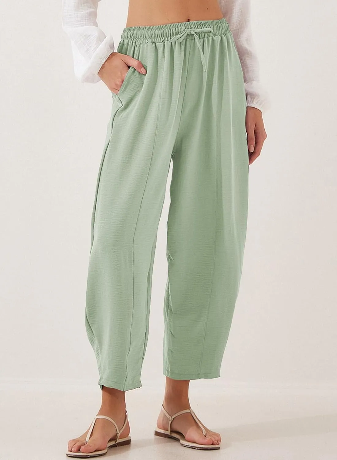 EVALESS Women's Summer High Waisted Baggy Pants Casual Ankle Length Trouser Slacks with Pockets