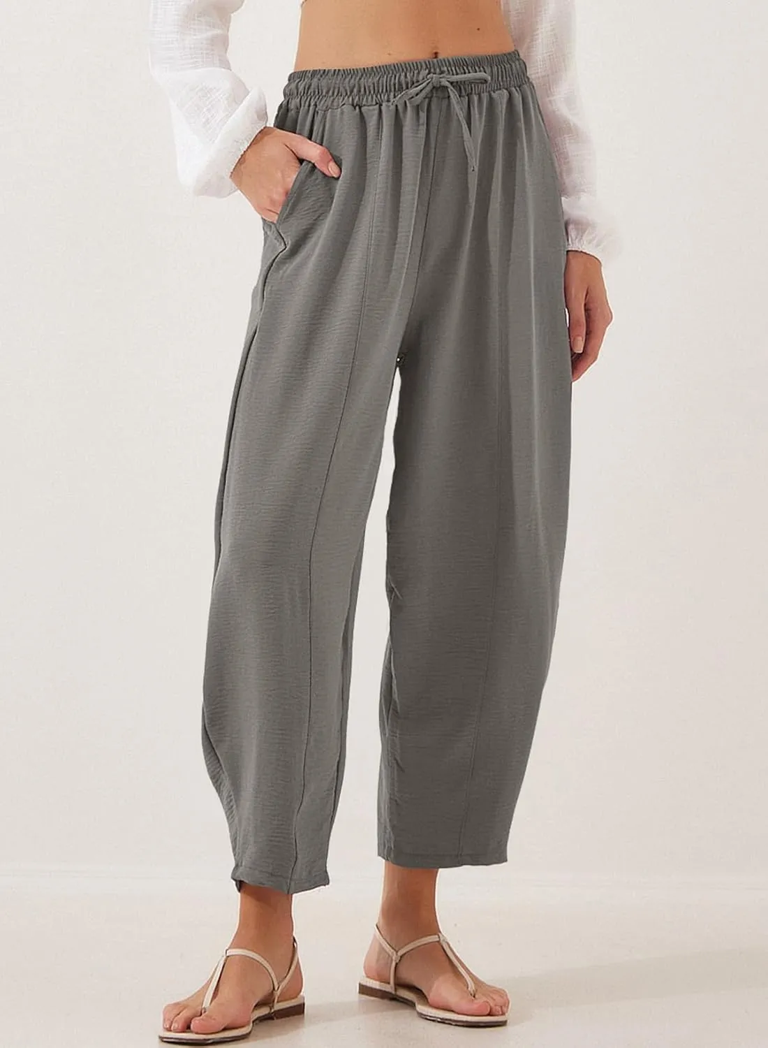 EVALESS Women's Summer High Waisted Baggy Pants Casual Ankle Length Trouser Slacks with Pockets