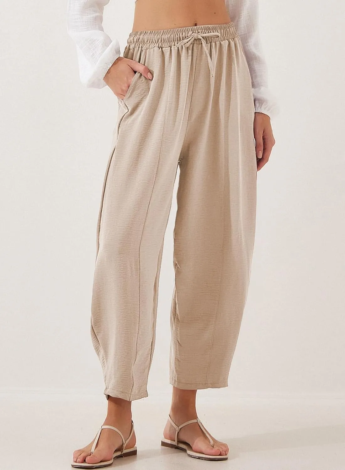 EVALESS Women's Summer High Waisted Baggy Pants Casual Ankle Length Trouser Slacks with Pockets