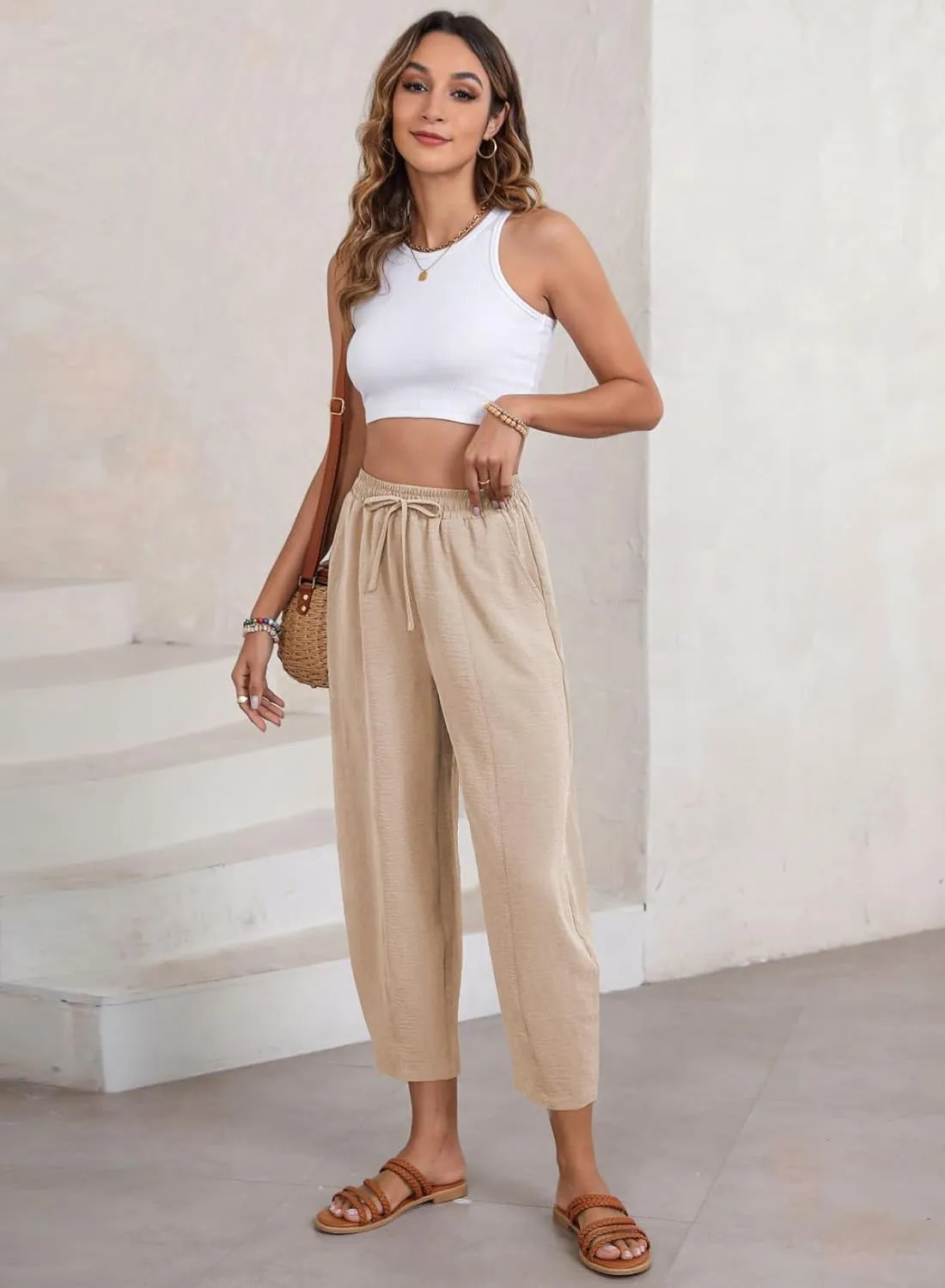 EVALESS Women's Summer High Waisted Baggy Pants Casual Ankle Length Trouser Slacks with Pockets