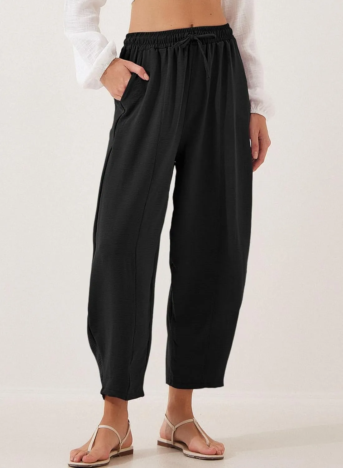 EVALESS Women's Summer High Waisted Baggy Pants Casual Ankle Length Trouser Slacks with Pockets