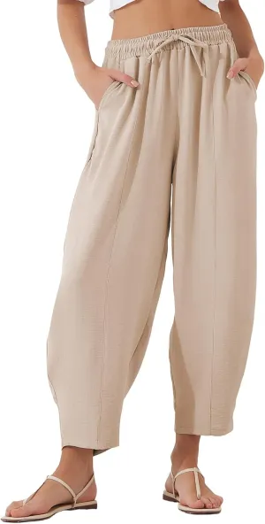 EVALESS Women's Summer High Waisted Baggy Pants Casual Ankle Length Trouser Slacks with Pockets