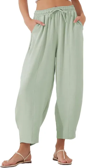EVALESS Women's Summer High Waisted Baggy Pants Casual Ankle Length Trouser Slacks with Pockets