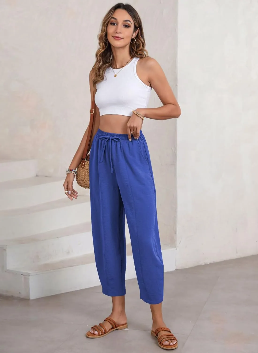 EVALESS Women's Summer High Waisted Baggy Pants Casual Ankle Length Trouser Slacks with Pockets