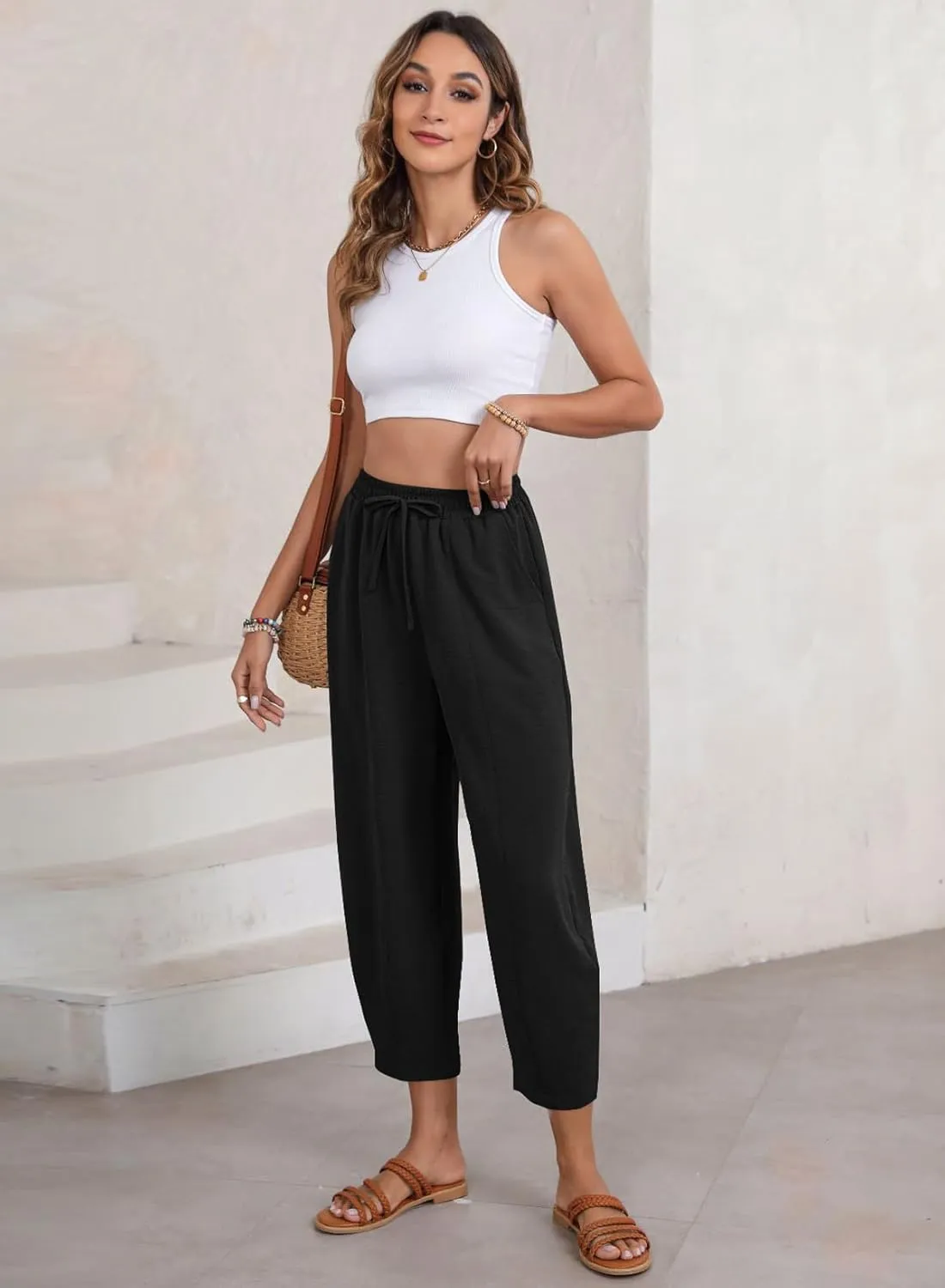 EVALESS Women's Summer High Waisted Baggy Pants Casual Ankle Length Trouser Slacks with Pockets