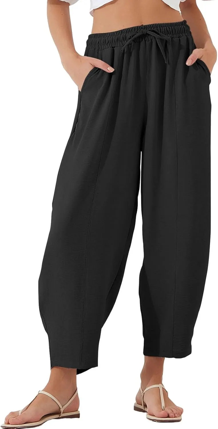EVALESS Women's Summer High Waisted Baggy Pants Casual Ankle Length Trouser Slacks with Pockets