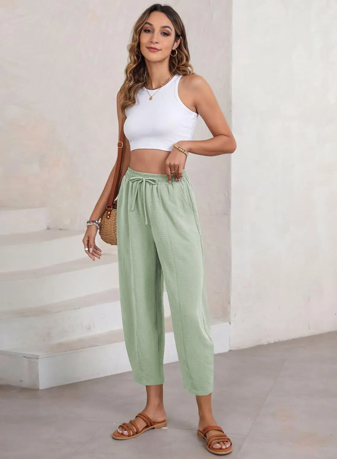 EVALESS Women's Summer High Waisted Baggy Pants Casual Ankle Length Trouser Slacks with Pockets