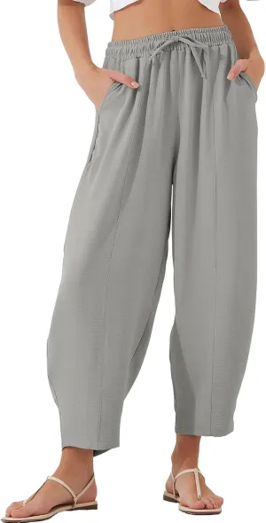 EVALESS Women's Summer High Waisted Baggy Pants Casual Ankle Length Trouser Slacks with Pockets