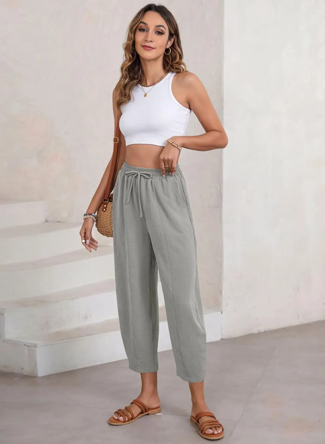 EVALESS Women's Summer High Waisted Baggy Pants Casual Ankle Length Trouser Slacks with Pockets