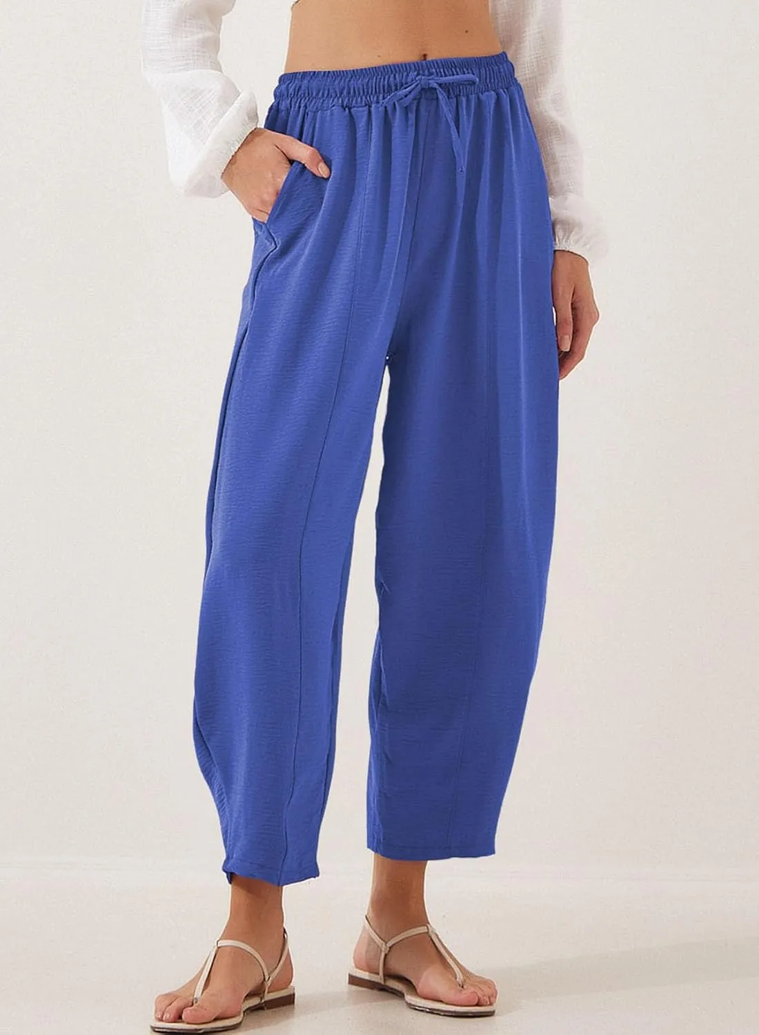 EVALESS Women's Summer High Waisted Baggy Pants Casual Ankle Length Trouser Slacks with Pockets